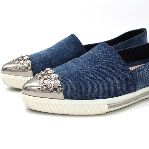 Miu Miu Blue Denim Calzature Donna Crystal Embellished Slip On Sneakers 36.5 - Picture 3 of 6